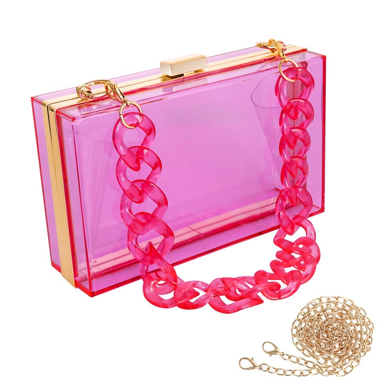 WJCD Women Clear Purse Acrylic Box Clutch Handbag, Small Transparent Crossbody Evening Bag Stadium Approved Gold Chain Strap (Purple 2 chains) - Image 1
